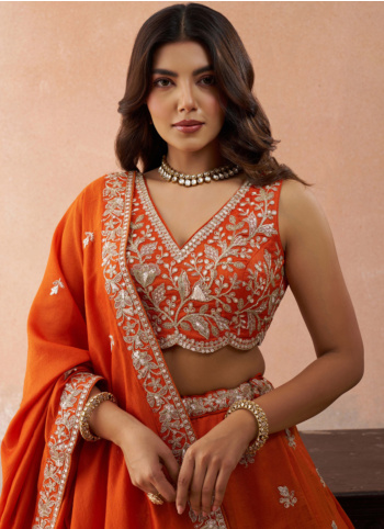 Designer Orange Floral Embroidered Tissue Silk Lehenga Choli