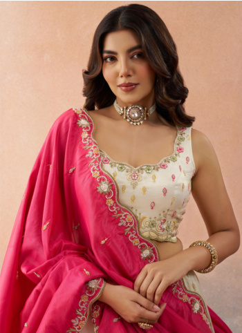 Cream Embroidered Silk Lehenga Choli With Hot Pink Dupatta