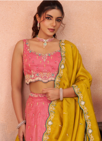 Gajari Pink Embroidered Silk Lehenga Choli With Contrast Dupatta