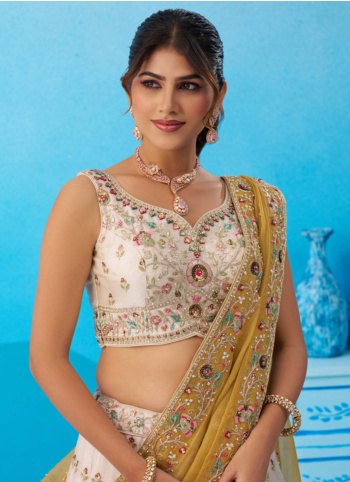 Off White Embroidered Tissue Silk Lehenga Choli With Contrast Dupatta