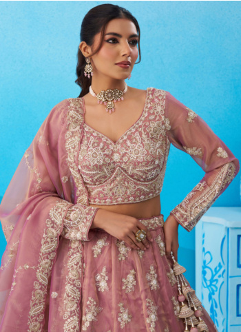 Elegant Onion Pink Embroidered Tissue Silk Lehenga Choli With Dupatta