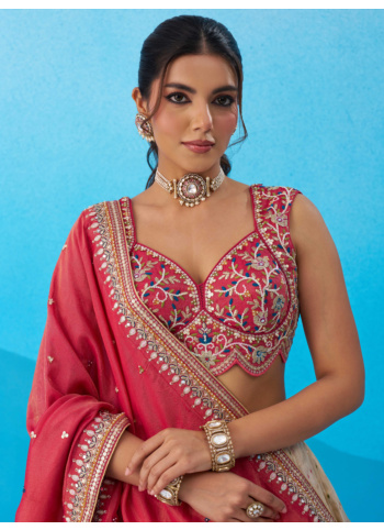 Designer Cream And Gajari Pink Embroidered Lehenga Choli