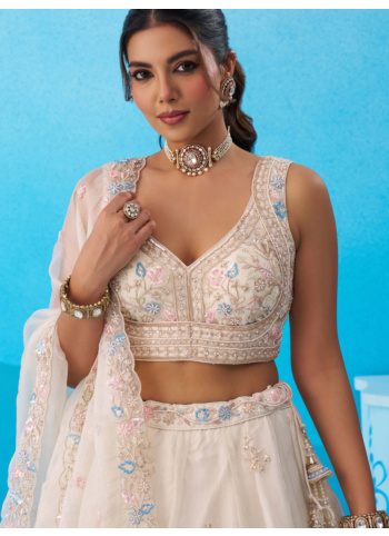 White Tissue Silk Floral Embroidered Designer Lehenga Choli