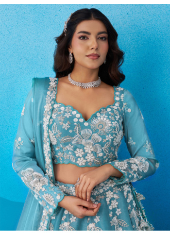 Sky Blue Tissue Silk Floral Embroidered Trendy Lehenga Choli