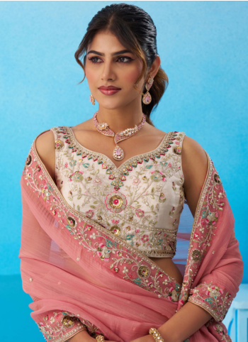 Off White Embroidered Tissue Silk Lehenga Choli With Contrast Dupatta