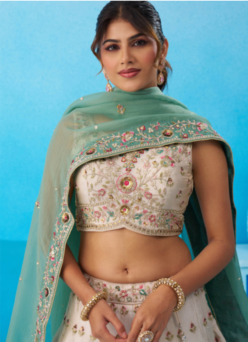 Off White Embroidered Tissue Silk Lehenga Choli With Contrast Dupatta