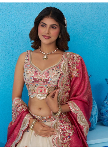 Glamorous Off White Embroidered Lehenga Choli With Contrast Deep Pink Dupatta