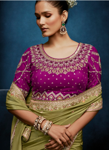 Beautiful Mehndi Green Embroidered Border Organza Saree