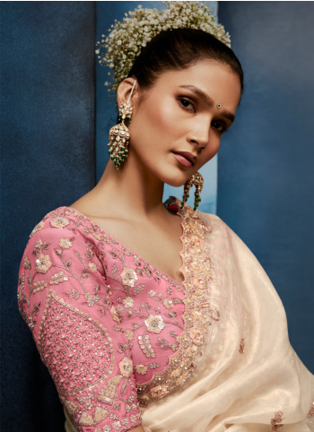 Attractive Cream Organza Saree For Wedding