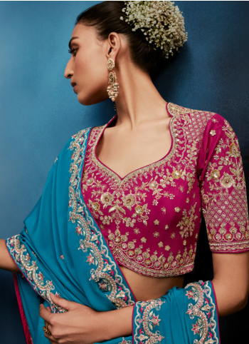 Designer Sky Blue Embroidered Organza Saree