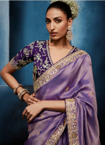 Designer Purple Embroidered Border Organza Saree With Ready Choli