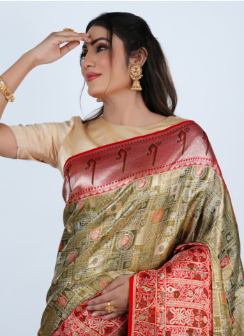 Mehndi Green And Red Kanjivaram Silk Saree