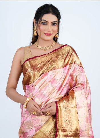 Light Pink Kanjivaram Silk Saree with Maroon Border