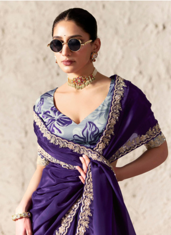 Dark Puple Embroidered Border Organza Saree