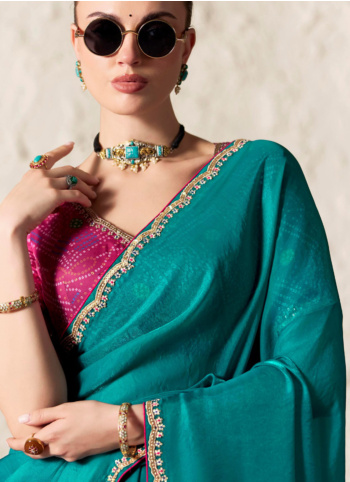 Teal Blue Festive Wear Embroidered Border Organza Saree