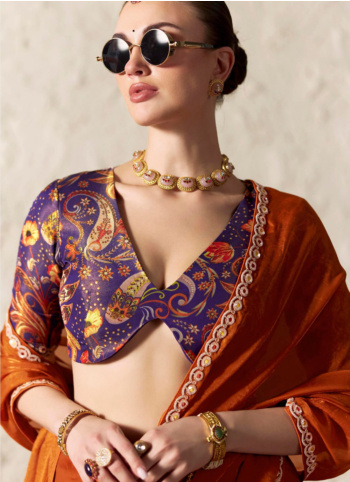 Beautiful Rust Embroidered Border Organza Saree