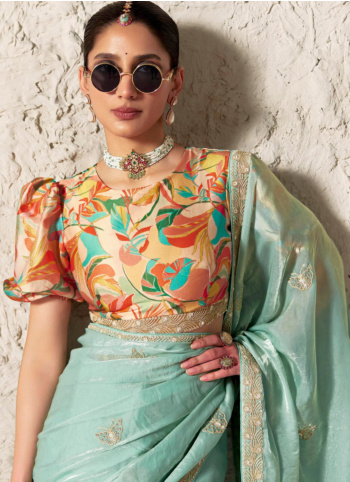 Light Sea Green Embroidered Organza Saree