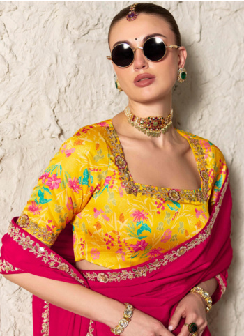 Deep Pink Embroidered Border Organza Saree