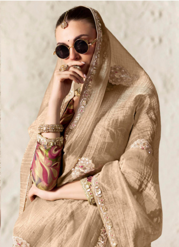 Dark Beige Embroidered Organza Saree
