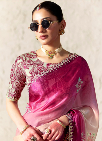 Pink And Cream Embroidered Organza Saree