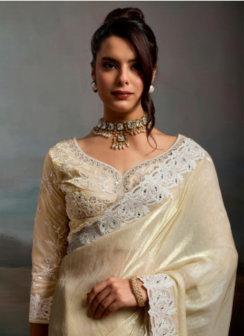 Cream Organza Contemporary Saree with Patch Border