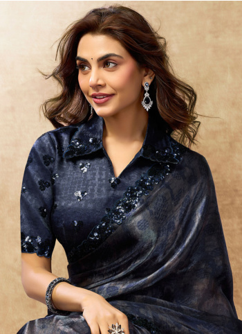 Navy Blue Abstract Digital Print Satin Silk Saree With Sequin Embroidered Border