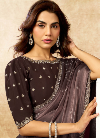 Coffee Bandhani Printed Satin Silk Saree