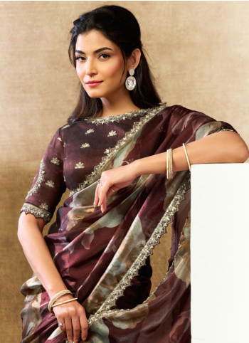 Floral Printed Burgundy Color Satin Silk Saree
