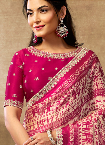 Varli Printed Cream Satin Silk Saree With Deep Pink Blouse Material