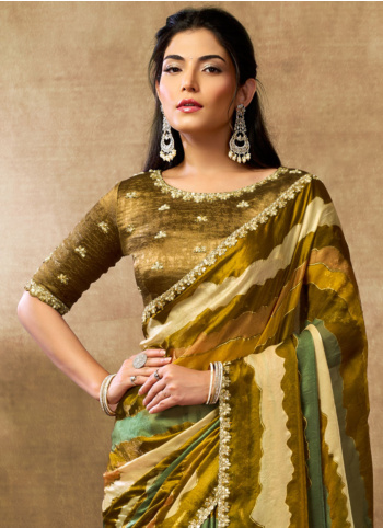 Multi Color Embroidered Border Satin Silk Saree