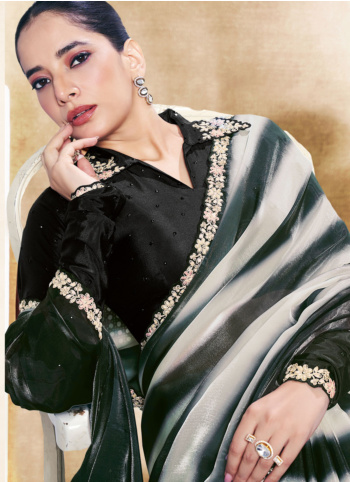 Black And White Embroidered Border Satin Silk Saree