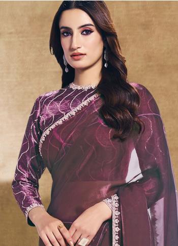Purple And Wine Satin Silk Embroidered Border Saree