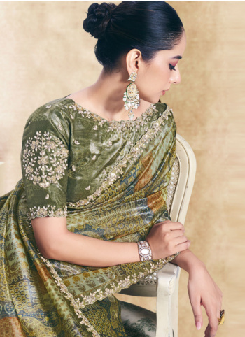 Olive Green Printed Paper Silk Embroidered Border Saree