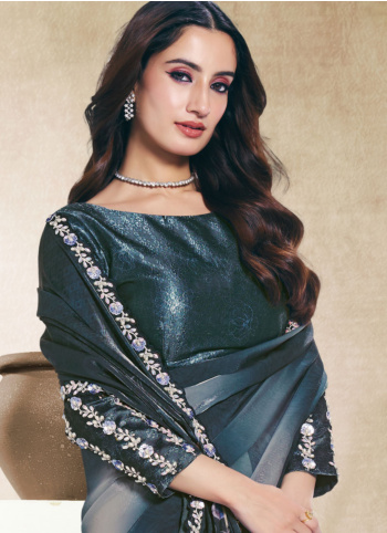 Teal Satin Silk Embroidered Border Saree