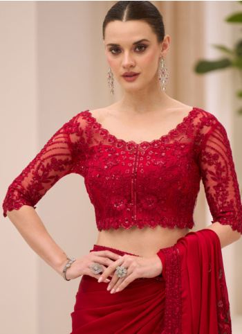 Beautiful Red Embroidered Border Chiffon Silk Saree