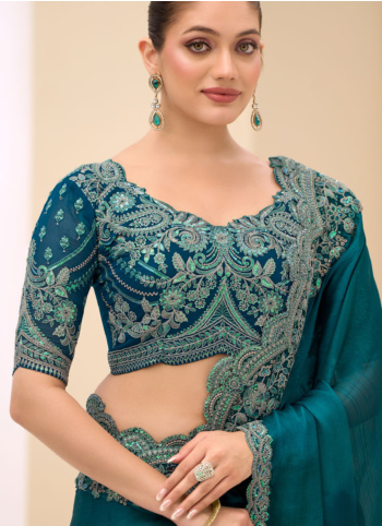 Teal Color Chiffon Silk Embroidered Saree For Wedding