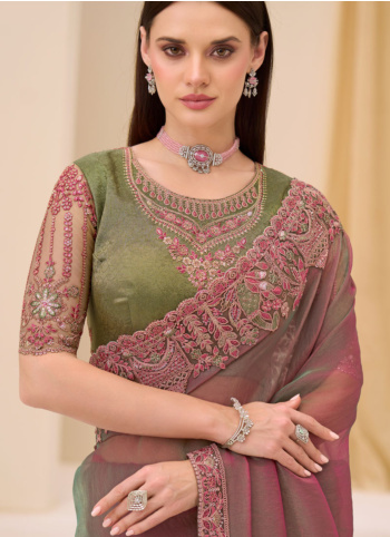 Rose Pink And Pista Green Shaded Festive Wear Chiffon Silk Saree