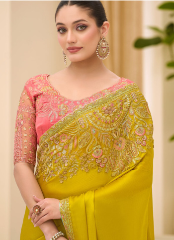 Mustard Yellow Embroidered Border Chiffon Silk Saree