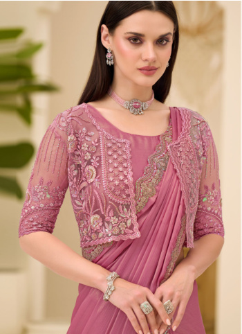 Party Wear Pink Embroidered Chiffon Silk Saree
