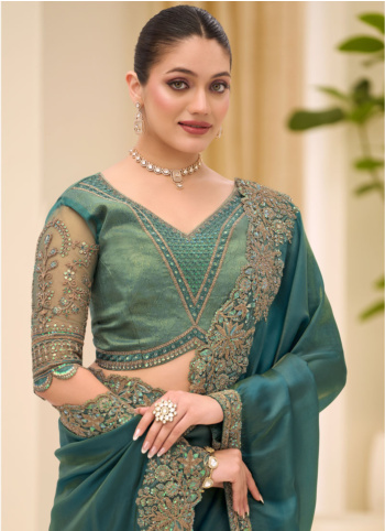 Sea Green Embroidered Border Chiffon Silk Saree