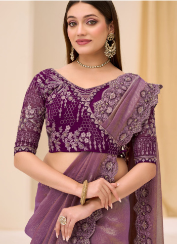 Festive Wear Onion Pink Embroidered Chiffon Silk Saree