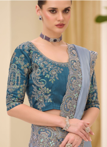 Light Blue Embroidered Border Chiffon Silk Saree