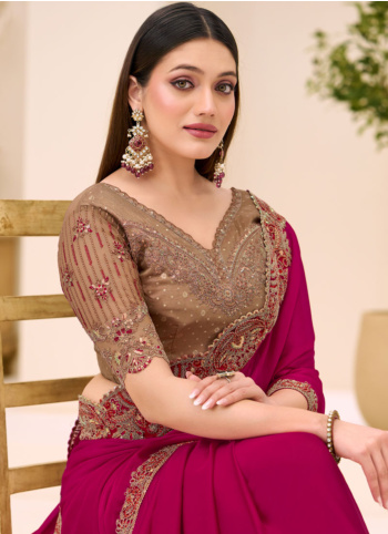 Designer Cherry Red Chiffon Silk Embroidered Border Saree