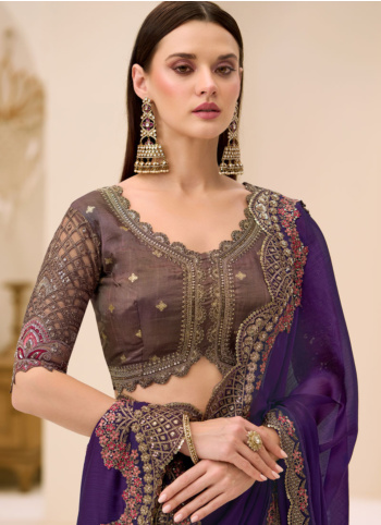 Dark Purple Embroidered Border Chiffon Silk Saree