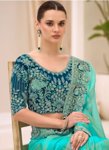 Beautiful Turquoise Embroidered Border Chiffon Silk Saree
