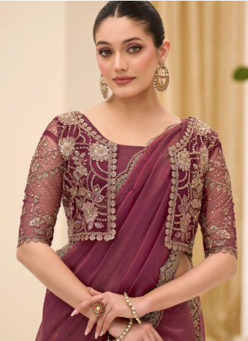 Party Wear Wine Embroidered Chiffon Silk Saree