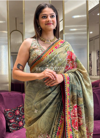 Crepe Silk Embroidered Multicolor And Green Saree