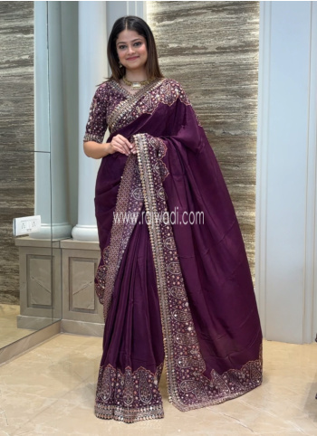 Wine Embroidered Dola Silk Saree