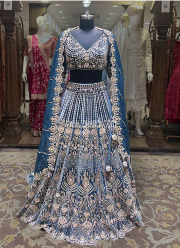 Blue Color Embroidered Micro Velvet Fabric Lehenga Choli