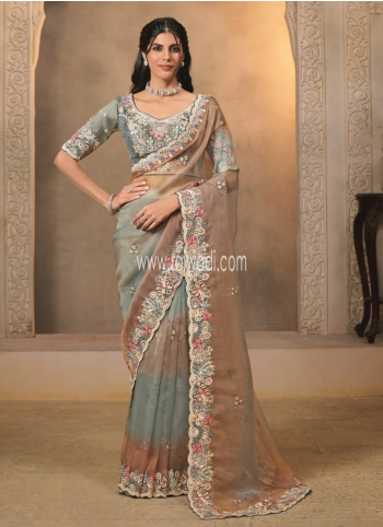 Grey and Orange Organza Saree